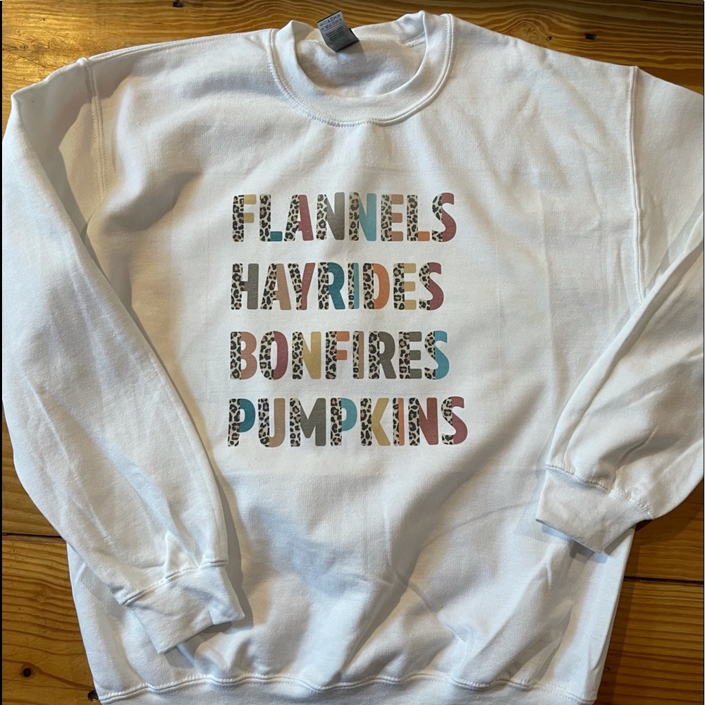 White fall cheetah print letters crew pullover